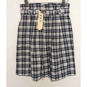 Vintage Shorts Blue Plaid High Rise Pleated Retro 80s 90s High Waist Belted S
